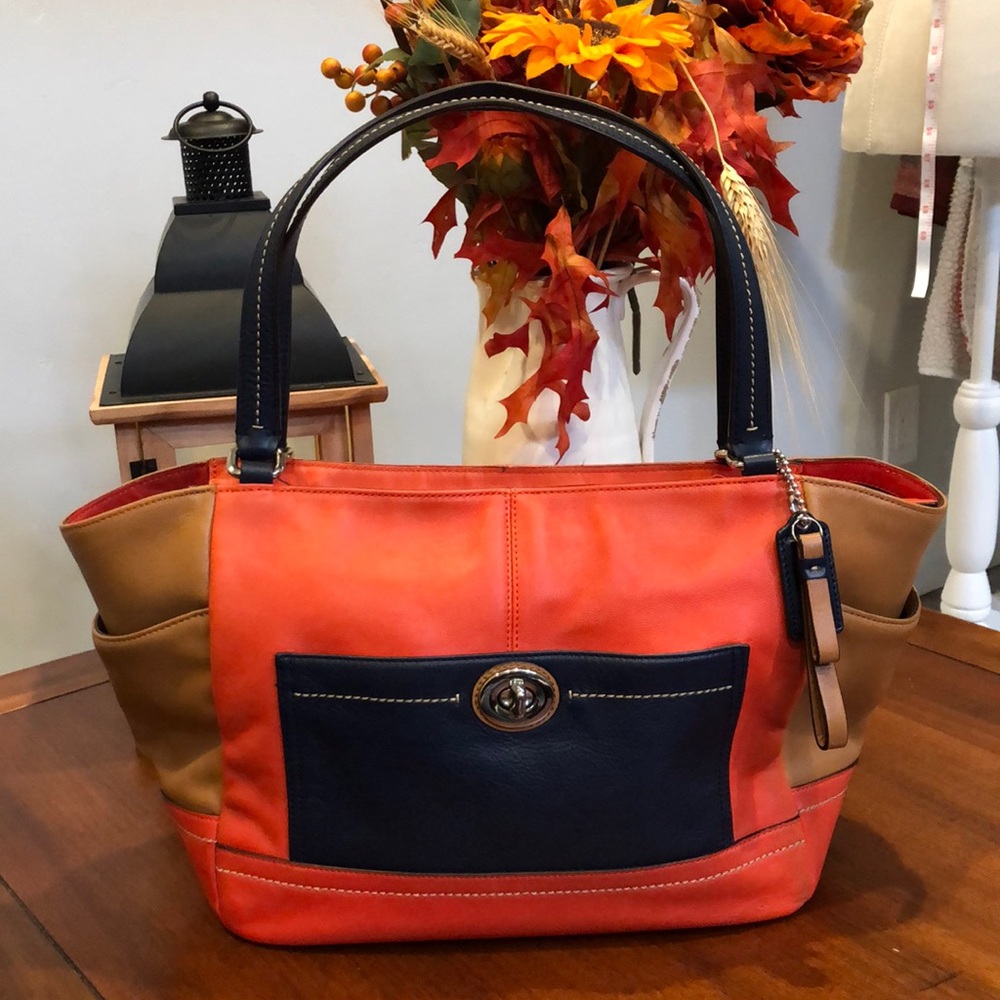 Red, Navy & Tan Leather Tote Bag - Classic Colorblock Women's Handbag
